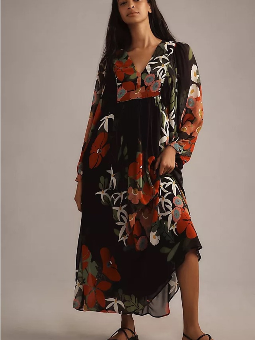 Farm Rio x Anthropologie Black Floral V-Neck Maxi Dress with Blooms